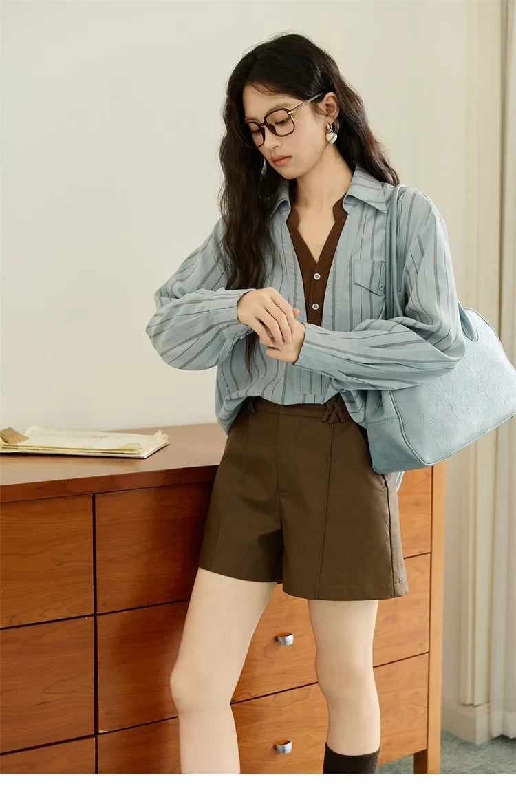 Peach Skin Velvet Stripe Shirt for Women Autumn 2025 Double Layered Collar Contrasting Color Shirt Commute Top MXE47C2408