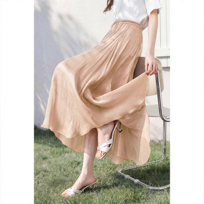 Women's Gray Elegant Skirt 2026 Summer Elastic Waist Sheen Flowy A Line Long Skirt for Woman Ladies Clothes 162QG4909