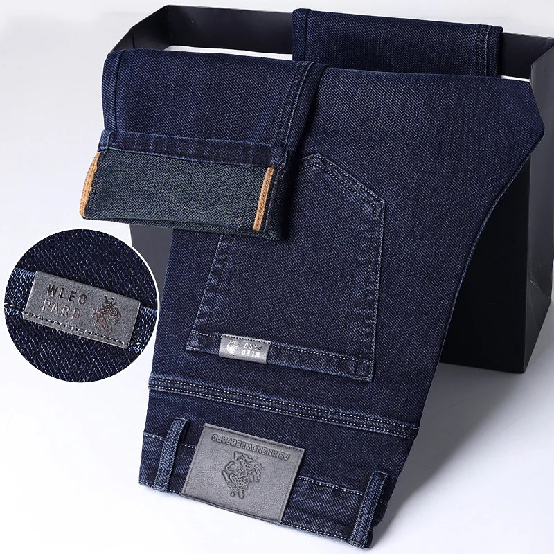 Classic Straight Men's Jeans Spring Slightly Thick Elastic Casual Office Business Trousers Fashion Comfort Washed Denim Pants