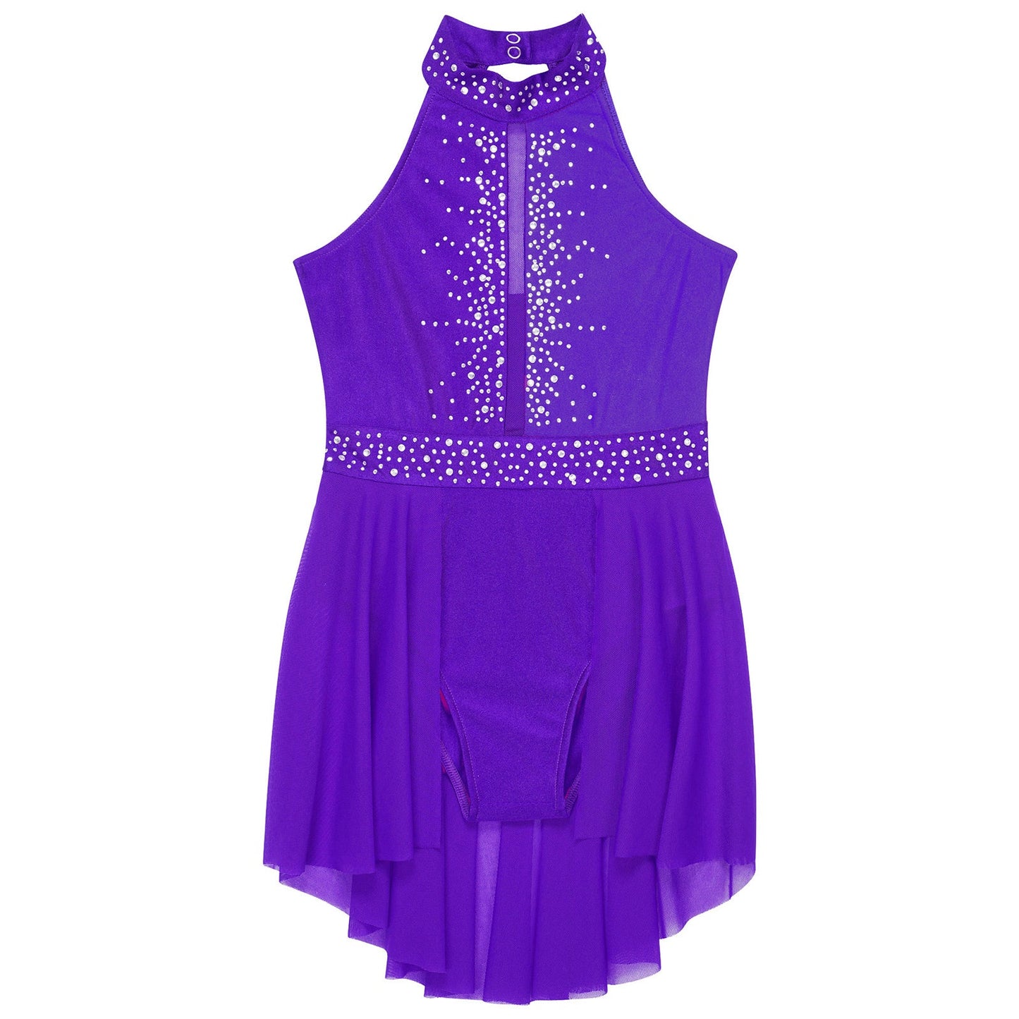 Kids Girls Gymnastics Figure Skating Ballet Lyrical Dance Costume Dress Side Split Sheer Mesh Ruched Glittery Rhinestones Dress