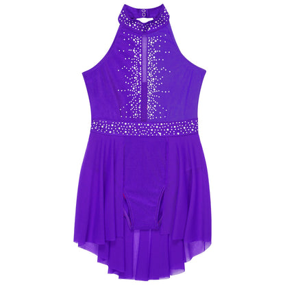 Kids Girls Gymnastics Figure Skating Ballet Lyrical Dance Costume Dress Side Split Sheer Mesh Ruched Glittery Rhinestones Dress