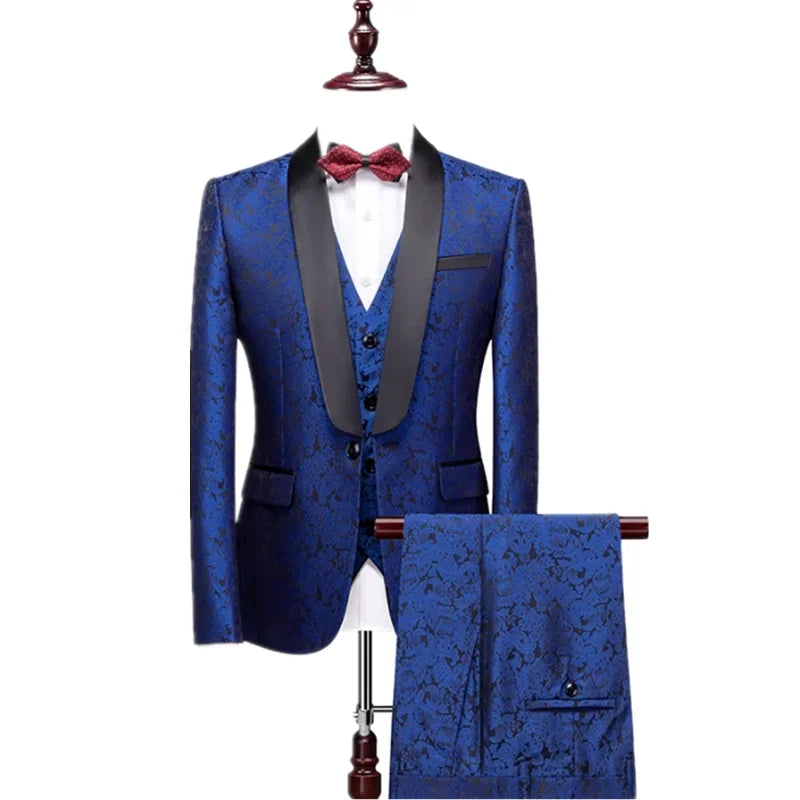 Red Men's Gentleman's Evening Tuxedo 3-Piece Suit, Suit and Vest plus Trousers, Purple, Blue, Silver Available, Asian Size M-6XL
