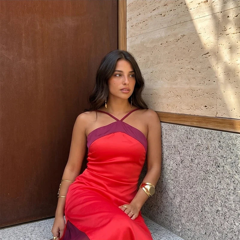 Fashion Color Block Spaghetti Strap Maxi Dress Women Elegant Halter Scarf  High Split Slim Vestidos 2026 New Daily Party Robes