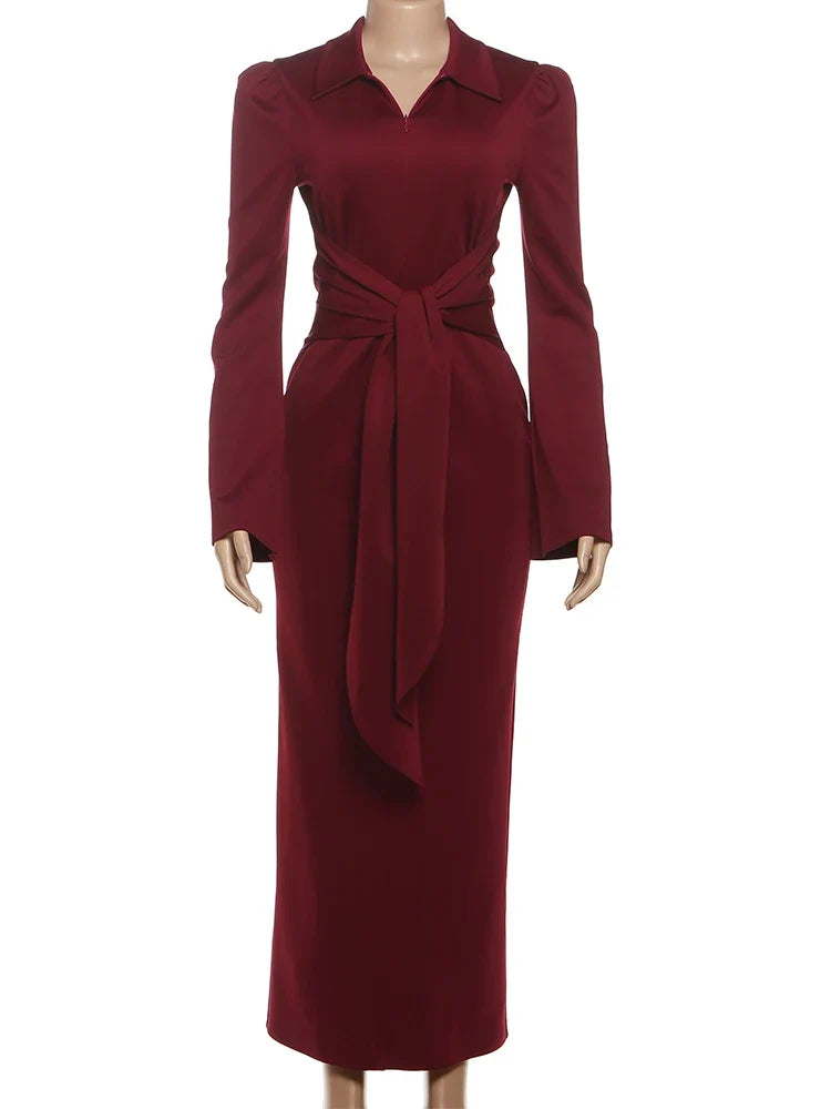 Sexy Maxi Dress Women Shoulder Padded Zip Wrapped Bandage Long Sleeve Slit Elegant Solid Office Simple Skinny Bodycon