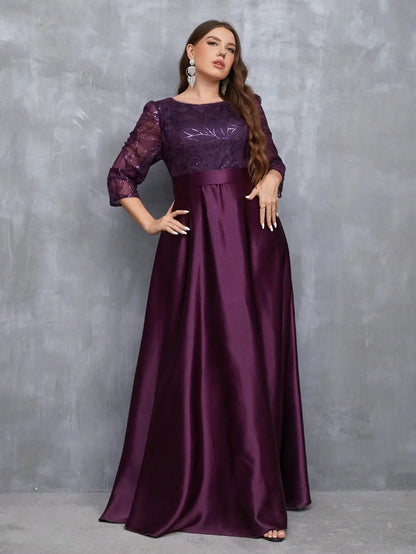 Crew neck long sleeve sequin patchwork satin long gown ball dress Party dress Bridesmaid dress