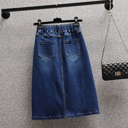 Summer New Women Elastic Waist Denim Skirts Korean Style Elegant Oversized High Waist Slit Skirts Mid Length Ladies Skirts