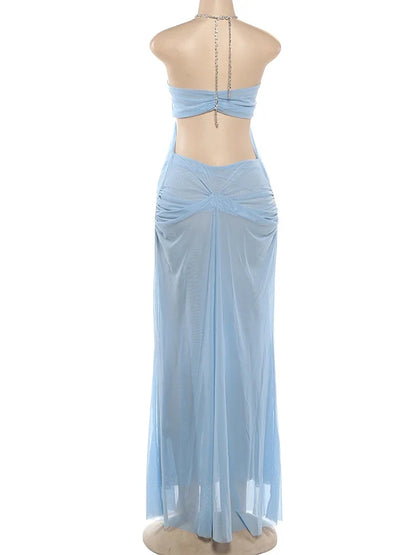 Prom Party Gown Dress Woman Sexy See Through Luxury Chain Halter Low-Neck Backless Sleeveless Midnight Elegant Vestidos