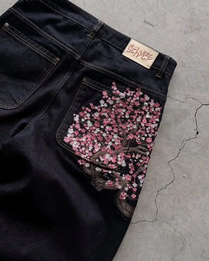 Y2K 2000s Cherry Blossom Pocket Embroidery Fashion Hip Hop Loose Men And Women Clothing Retro Casual Wide Leg Streetwear