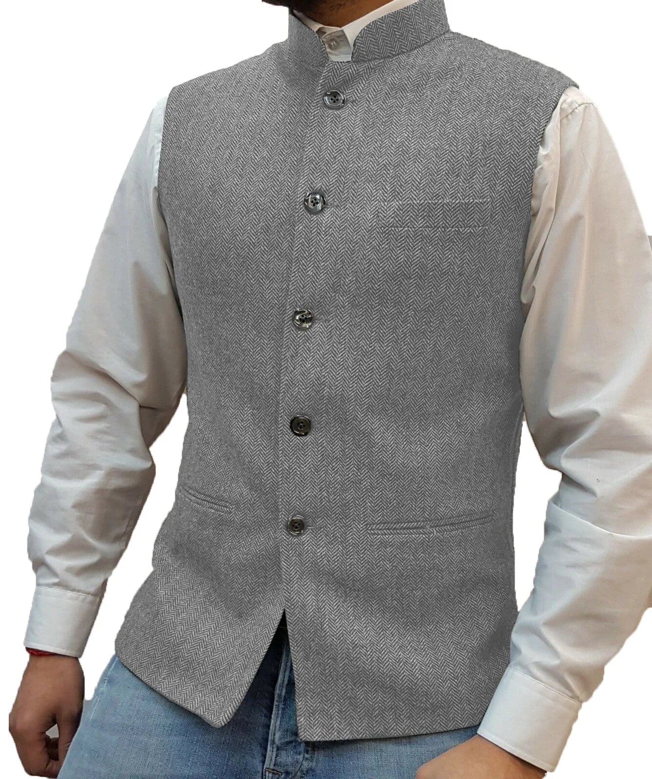 Mens Retro Vest Herringbone Wool Blended Smart Casual Stand Collar Single Breasted Waistcoat Adjustable Buckle Men's Suit Vest