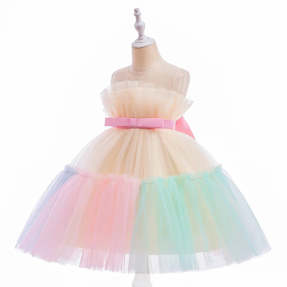 Elegant Ruffles Wedding Party Baby Girls Dress Tulle Pink Bow Bridemaid Princess Birthday Kids Dresses For Girl Evening Costumes
