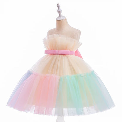 Elegant Ruffles Wedding Party Baby Girls Dress Tulle Pink Bow Bridemaid Princess Birthday Kids Dresses For Girl Evening Costumes