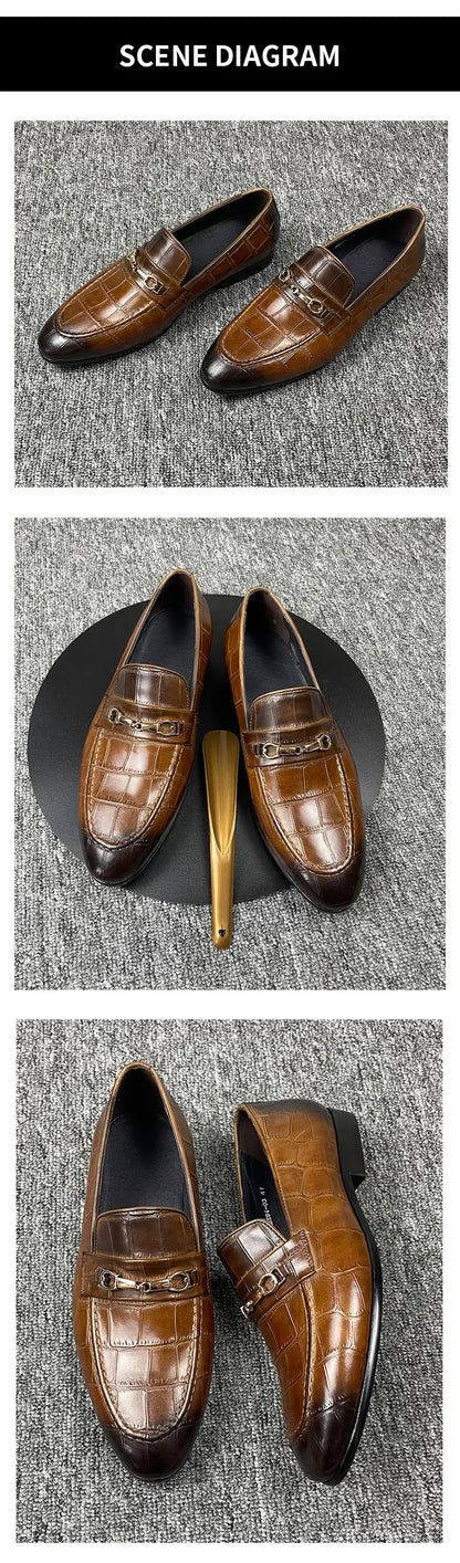 Men's Genuine Leather Loafers|Crocodile-Print Slip-On Shoes for Men|Pointed Toe Fashion Footwear|Comfortable Men's Dress Shoes