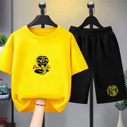Summer T-Shirt + Shorts Anime Snake Print Boy Black Girl Sets T-Shirt Kids Tops Casual Tees Round Neck Short-Sleeved Top