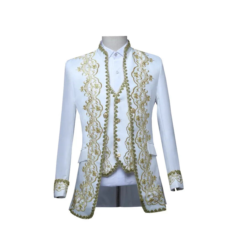 European Gold-encrusted Vintage Court Tuxedo Men's Stand-up Collar Embroidered Suit Three-piece Set  Opera House, Stage Costumes