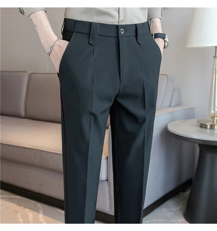 Elastic Waist Solid Color Suit Pants Men Formal Slim Fit Business Casual Trouser High Quality Social Wedding Fashion Dress Pant