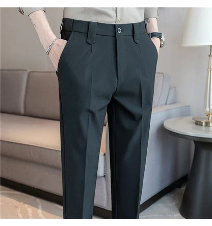 Elastic Waist Solid Color Suit Pants Men Formal Slim Fit Business Casual Trouser High Quality Social Wedding Fashion Dress Pant