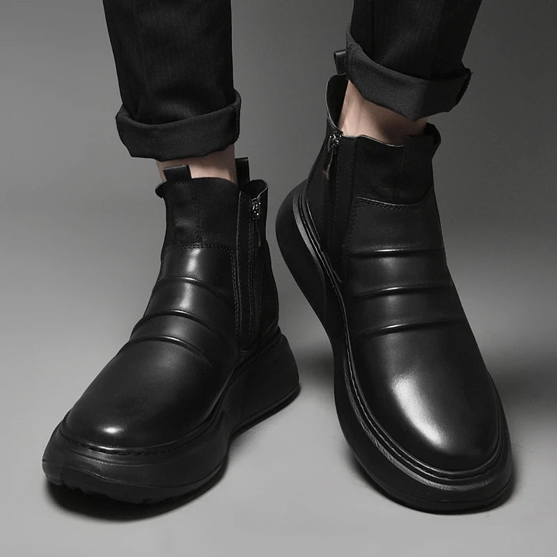Luxury Brand Male Slip on Chelsea Boots Genuine Leather Mens Warm Winter Shoes High Quality Ankle Boots Men Handmade Snow Boots