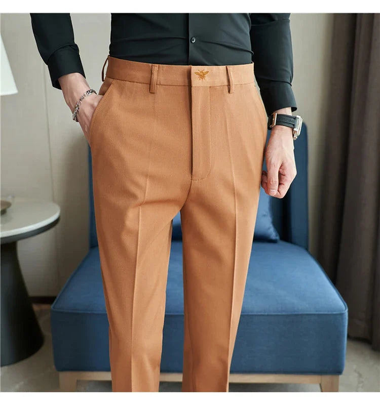 Autumn Mens Fashion Embroidered Trousers Korean Business Dress Solid Suit Pant Formal Office Social Slim Fit Casual Suit Pants