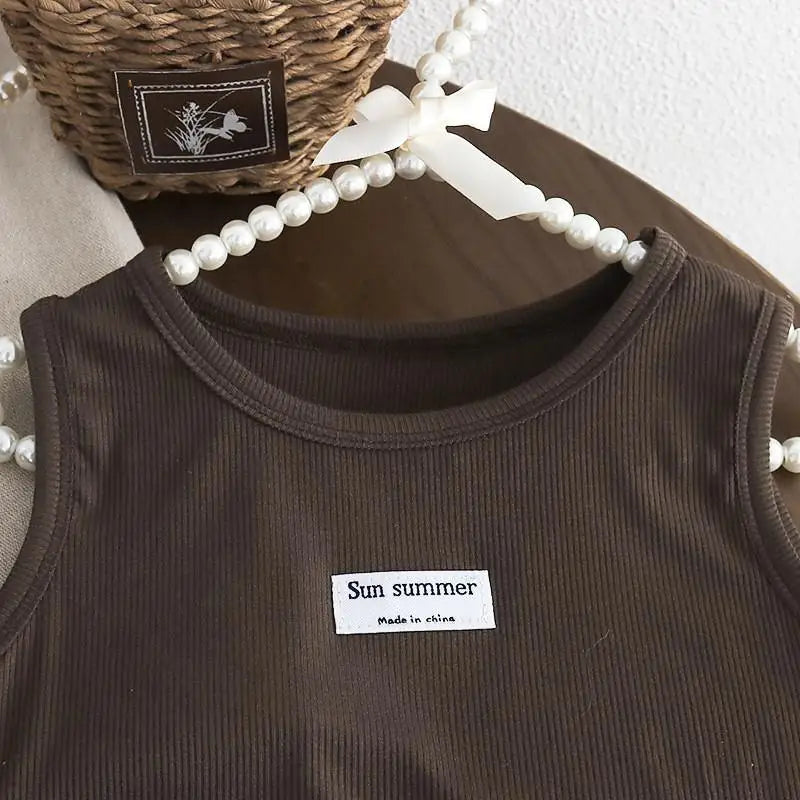 New Summer Baby Girls Clothes Suit Children Fashion Labeling Vest Top Large Pocket Overalls 2Pcs/Sets Kids Tracksuits Outfits