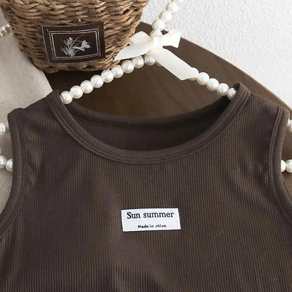 New Summer Baby Girls Clothes Suit Children Fashion Labeling Vest Top Large Pocket Overalls 2Pcs/Sets Kids Tracksuits Outfits