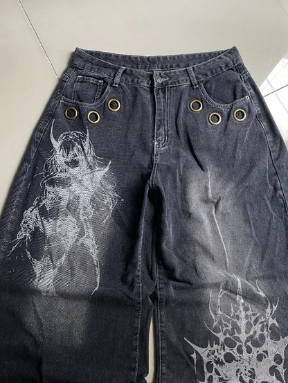 American New Fashion Oversized Pattern Printed Washed Jeans Men Y2K Gothic Rock Popular Casual Joker High Waist Wide Leg Pants