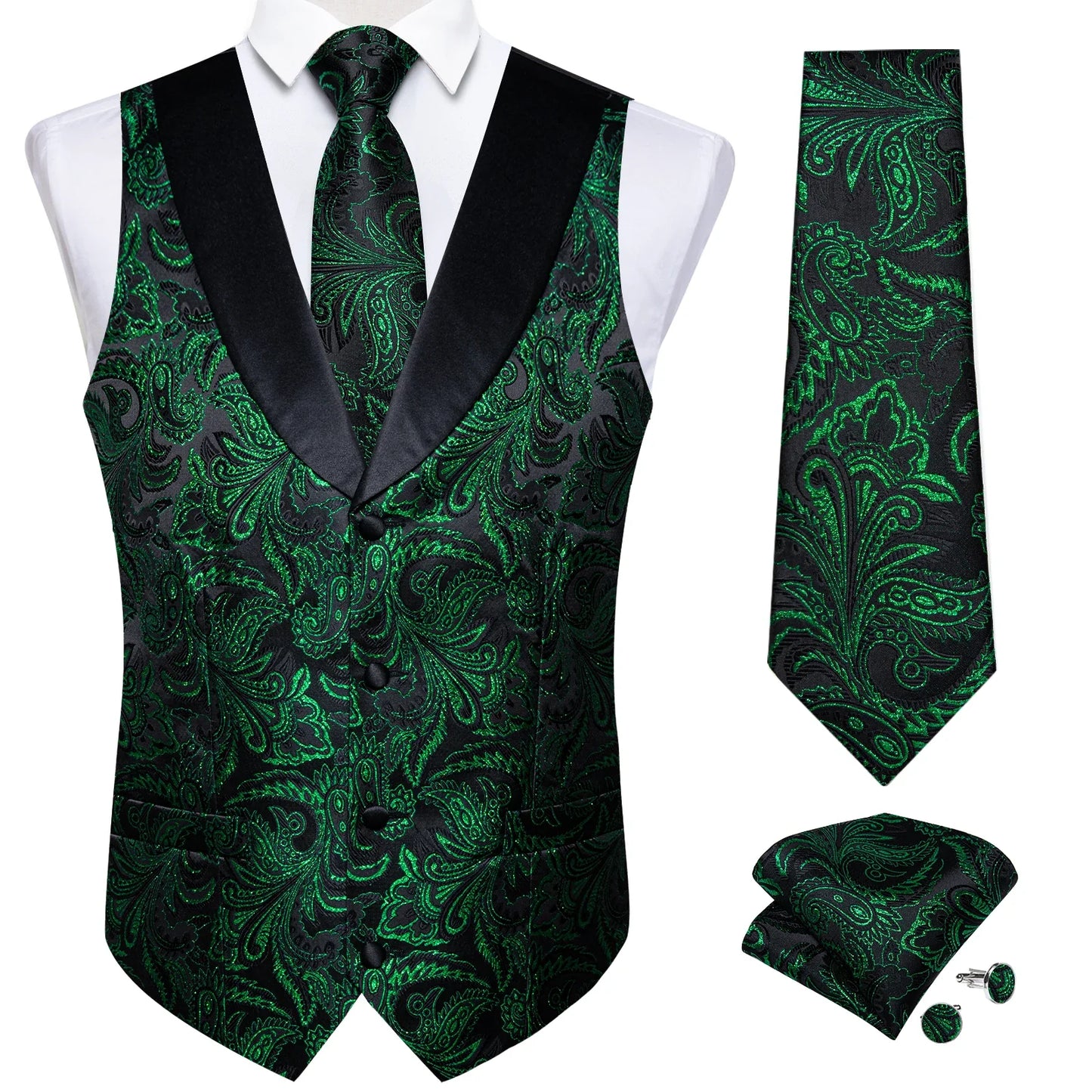 Men's Paisley  Suit Vest with Macthing Golden Paisley Neck Tie Handkerchief Cufflinks Wedding Prom Tuxedo Waistcoat