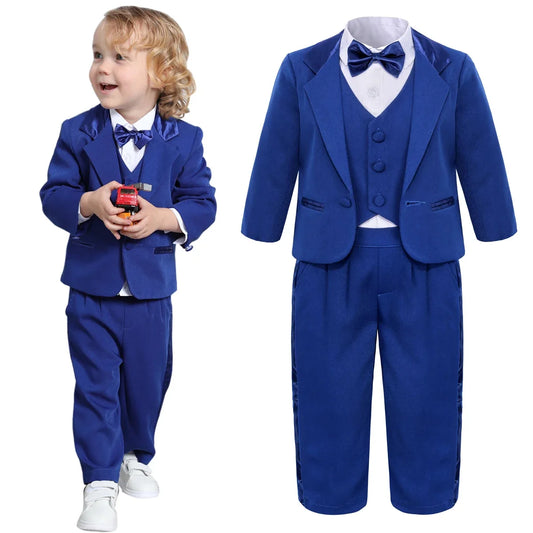 Baby Boy Suit Set Wedding Infant Formal Outfit Toddler Ring Bearer Tuxedo Children Birthday Ceremony Performance Costume 4PCS