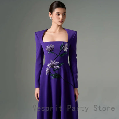 Luxury Purple Evening Dress For Women A Line Prom Dress Floor Length Formal Party Gown Long Sleeves Beaidng Saudi Arabia Dress