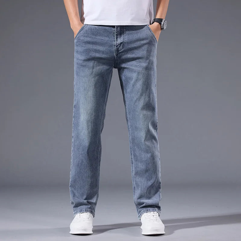 Men's loose straight leg jeans retro washed elastic casual pants suitable for all seasons versatile pants