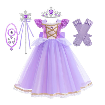 Baby Girls Deluxe Elegant Rapunzal Princess Dress Cosplay Costume Kids Halloween Birthday Party Vestido Purple Puffy Dresses