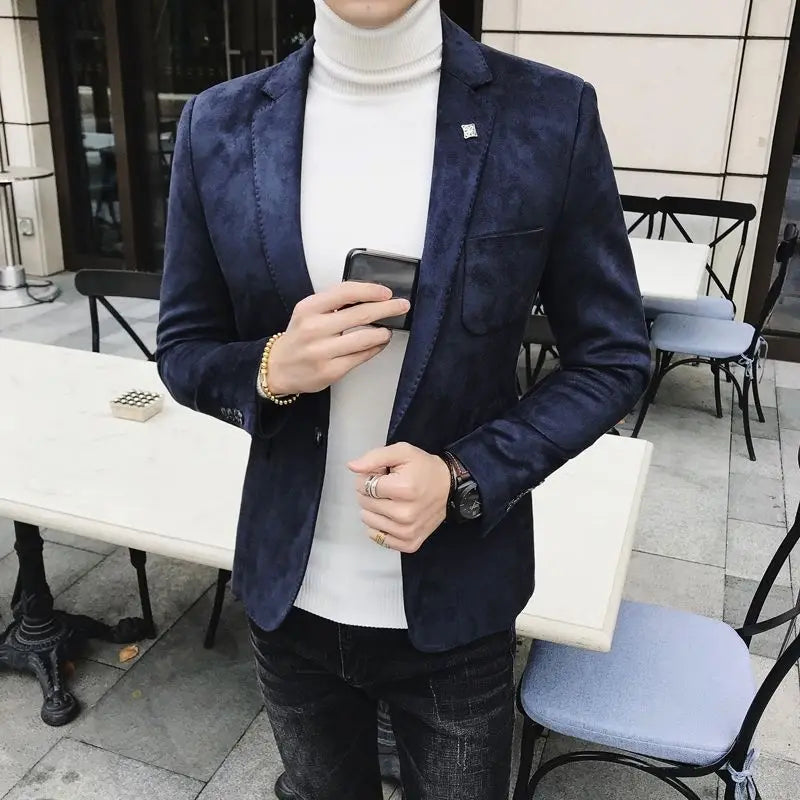 Spring Vintage Suede Suit Jacket Men Casual Business Slim Fit Blazer Deerskin Leather Jacket Men Wedding Street Wear Social Coat