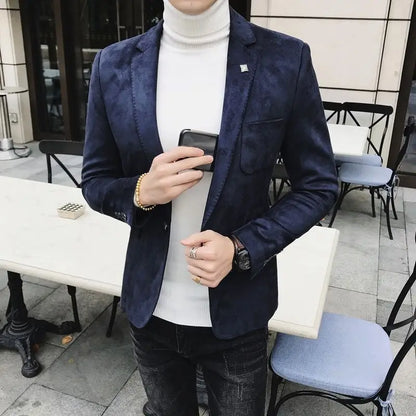 Spring Vintage Suede Suit Jacket Men Casual Business Slim Fit Blazer Deerskin Leather Jacket Men Wedding Street Wear Social Coat