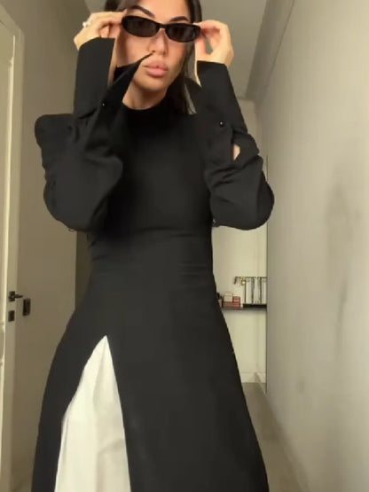 Women's Elegant High Neck Long Sleeve Maxi Dress With Side Slit Shoulder Pad Slim Fit Floor Length Tunic Top Versatile Clothing