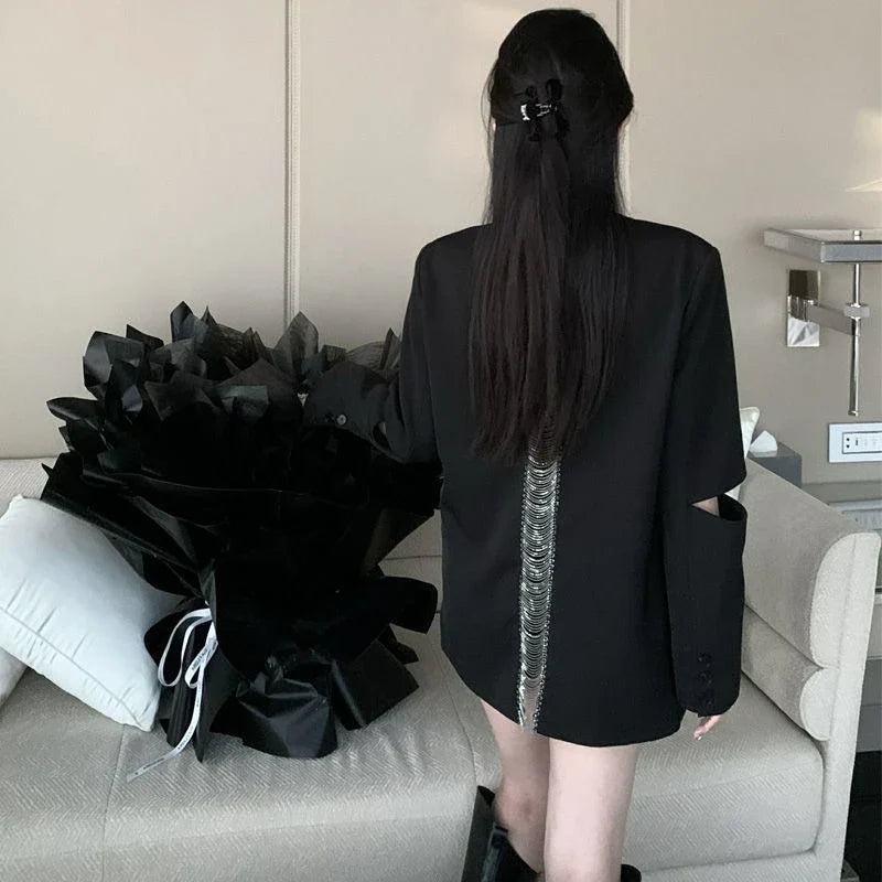 Premium Black Blazer for Women Spring Autumn New Arrival Sexy Backless Chain Accent Oversized Single Button Chic Feminine Design