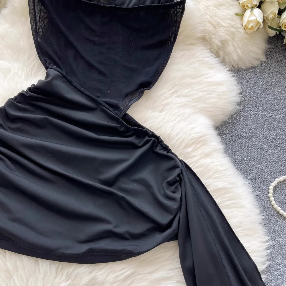 American Sexy Hollowed-out Waist Tube Top Dress for Women's Pleated Waist Hip-wrapped Streamer Girl's Short Dress