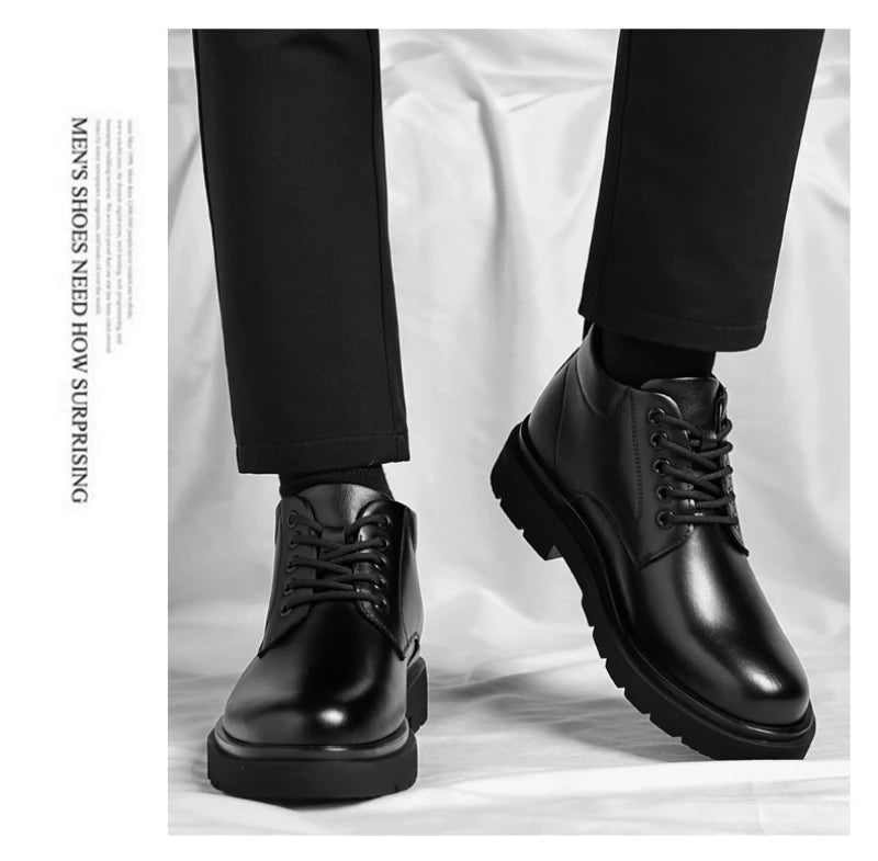 Mens Black Leather Lace Up Mid Top Boots Winter Warm Formal Business Office Wedding Shoes Black Work Boots Fashionable Dad Shoes