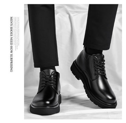 Mens Black Leather Lace Up Mid Top Boots Winter Warm Formal Business Office Wedding Shoes Black Work Boots Fashionable Dad Shoes