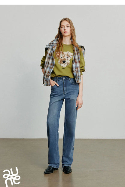 Women Denim Jeans 2025 Autumn New Lyocell Rolling Up Hem Elastic and Simple Straight Leg Ankle Length Pants