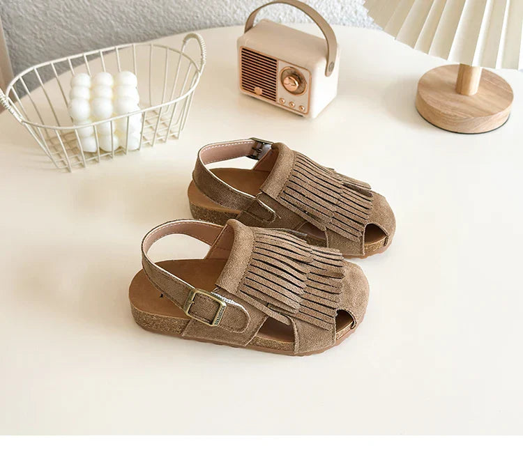 Summer Anti-Slippery Kids Suede Sandals for Girls Non-Slip Closed Toe Toddler Beach Shoes with Cute Tassels School Casual Wear