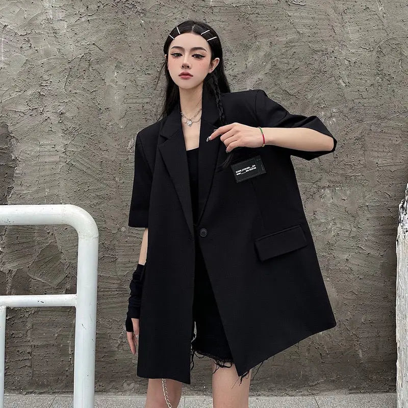 Streetwear Loose Women Blazer Summer Fashion New Thin Short Sleeve Button Down Jacket Woman