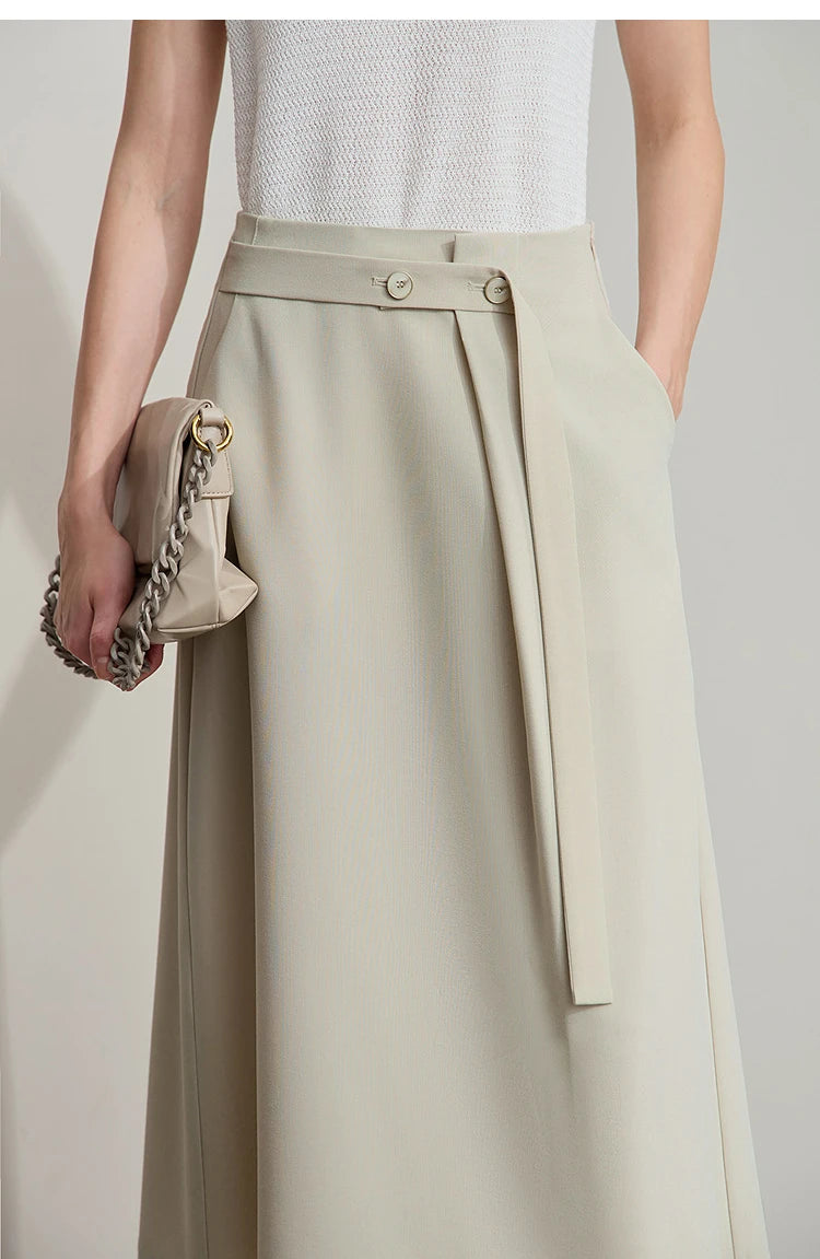 Minimalist Knee length Skirt Women Pleated A-line Loose Dress Elegant Commuting Style Belt Decoration Skirts 12522074
