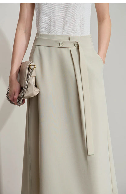 Minimalist Knee length Skirt Women Pleated A-line Loose Dress Elegant Commuting Style Belt Decoration Skirts 12522074