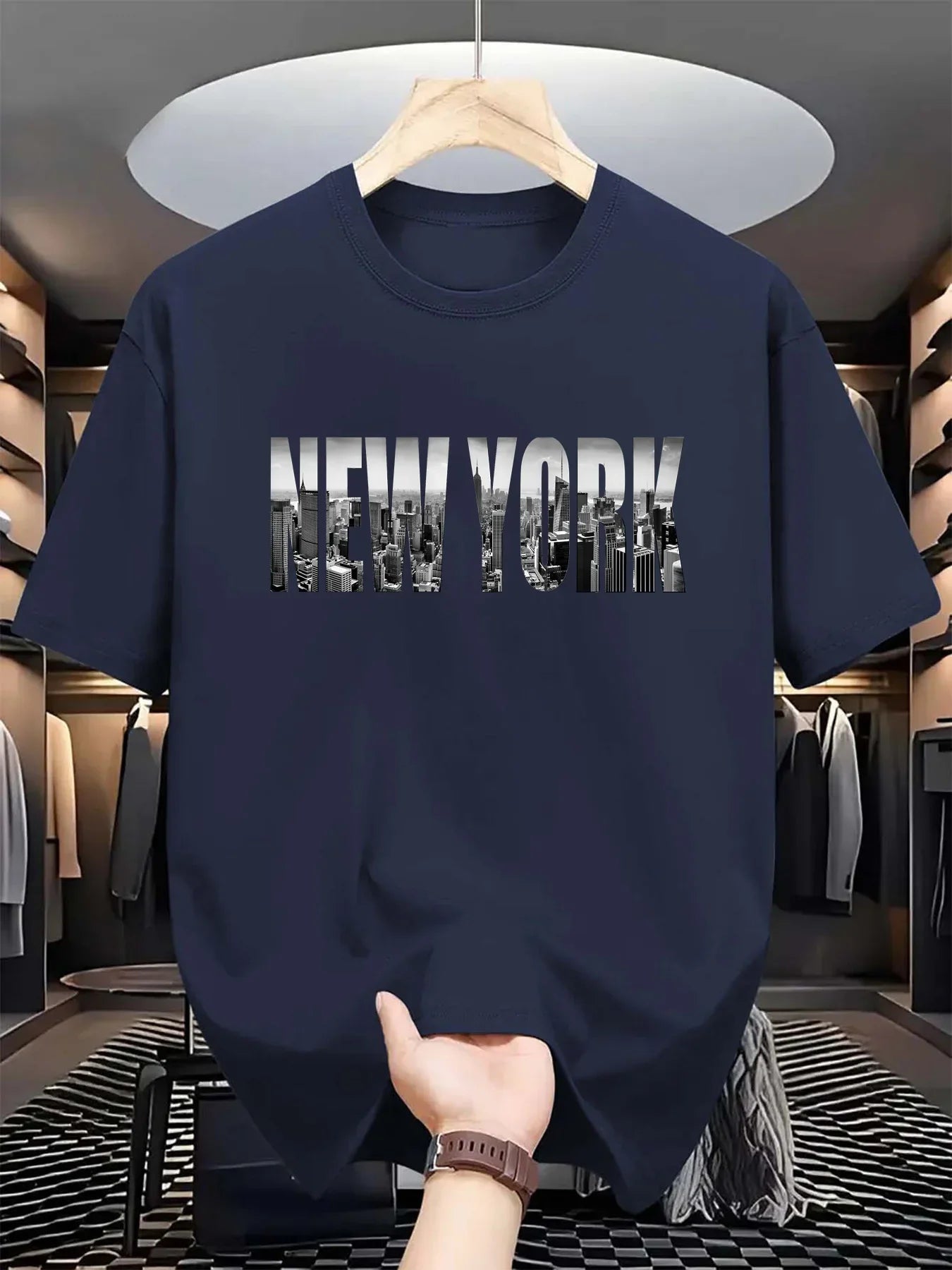 Summer men's 100% pure cotton casual loose plus size New York City printed sports comfortable round neck short sleeved T-shirt