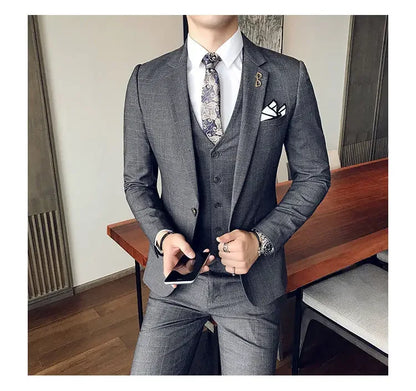 Blue Men Classic Striped/Checked Suits, Asian Size Slim Fit Business Office 3-Piece Sets, Black/Gray and Red Available.