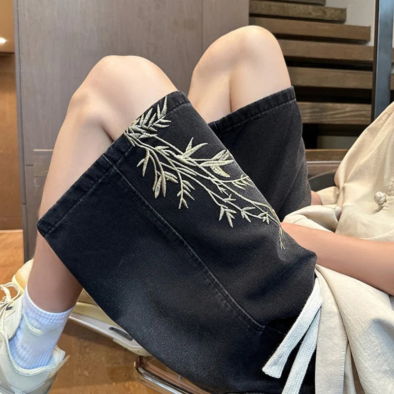 2025 Mens New Chinese Style Denim Shorts Summer Bamboo Embroidery Casual Five Inch Shorts Couple Streetwear Vintage Loose Fit Hi