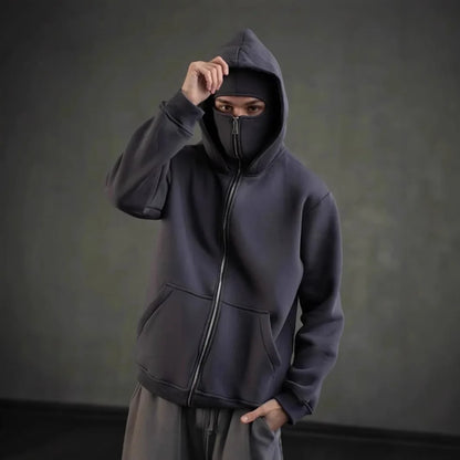 Balaclava Men Zip Hoodie Winter Warm Casual Sweatshirt Y2K with Hooded Face Mask Zipper Design Sports Jacket Outdoor Activities