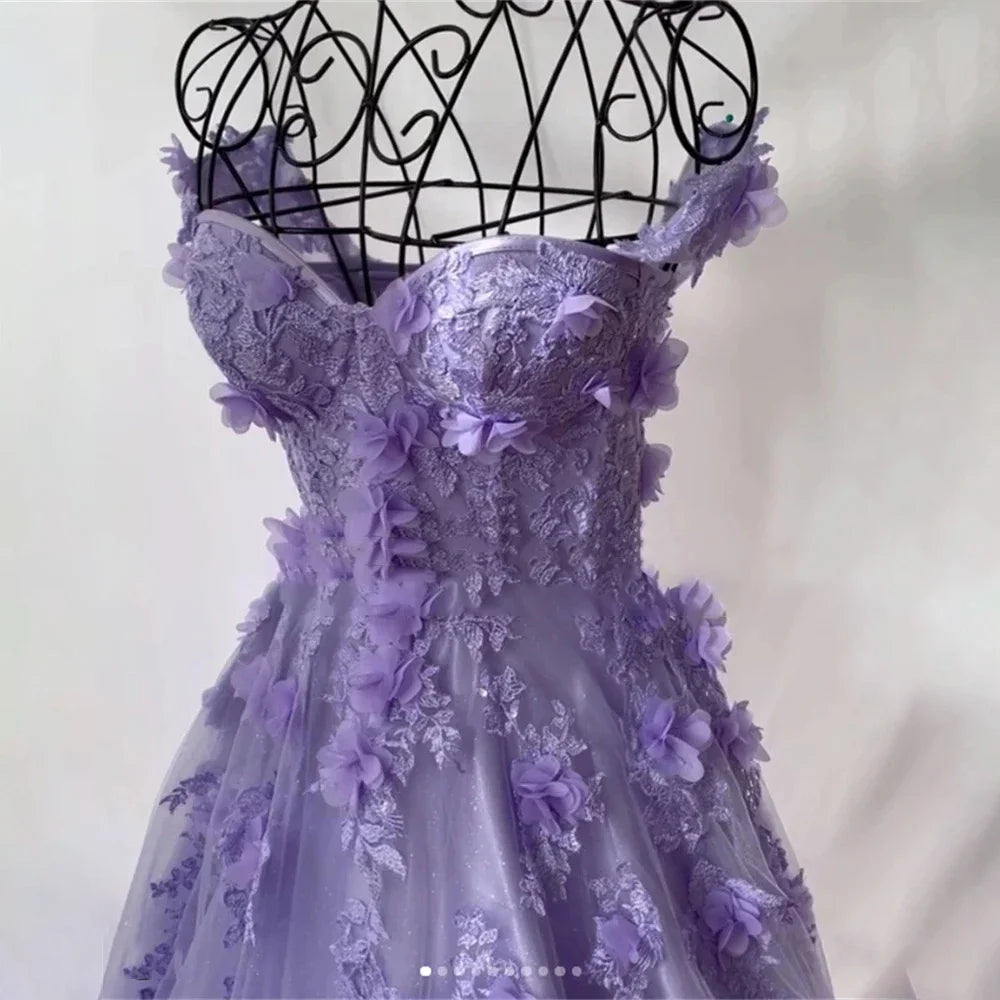 Purple Net Special Occasion Dresses 3D Flowers Sweetheart Formal Gown Spaghetti Strap Long Evening Dress 프롬 드레스 Customized
