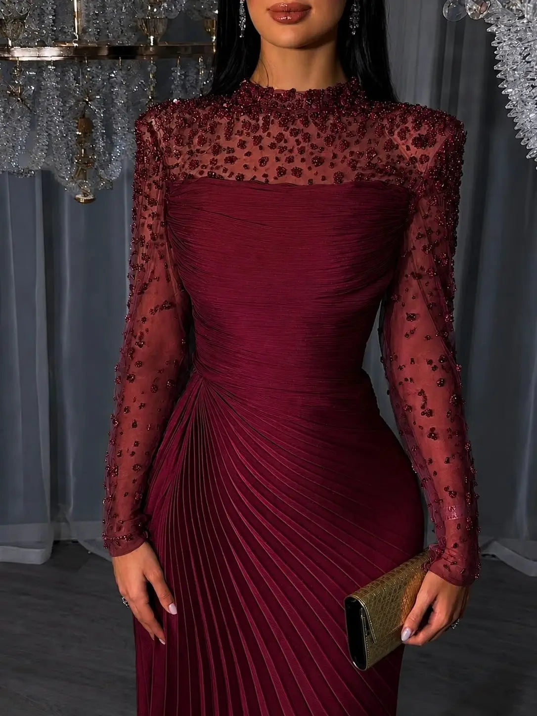 Women'S Formal Evening Gowns Customize Scoop Neck Beading Luxury Evening Dresses Long Sleeves Straight Floor-Length