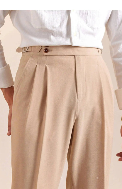 2025 New Italian Style Double Pleated Neapolitan Mens Formal Pants Casual Business Straight Leg High Waist Office Trousers Men