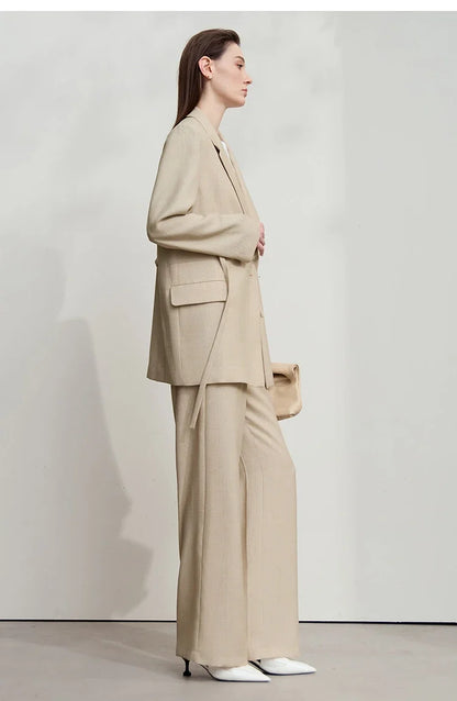 Office Lady Solid Blazers 2025 Autumn New Long Sleeves Loose Coat Notched Business Jacket Belt Women's Clothing 12543025